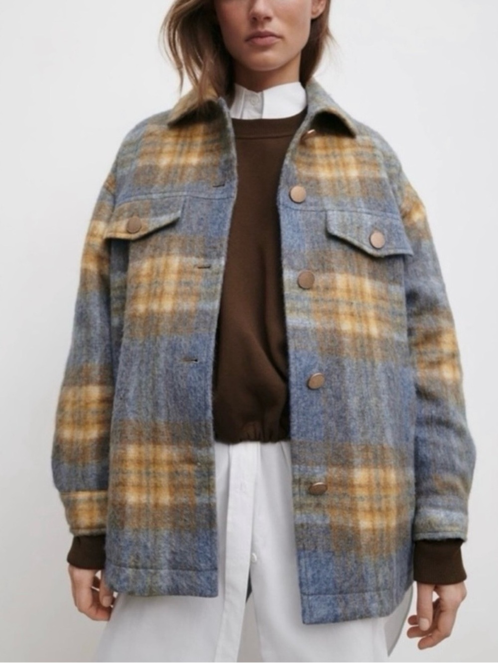 Zara Blue & Tan Plaid Utility Shacket